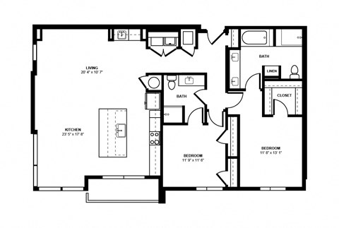 Floor plan for 2 beds, 2 baths, 1501 sqft